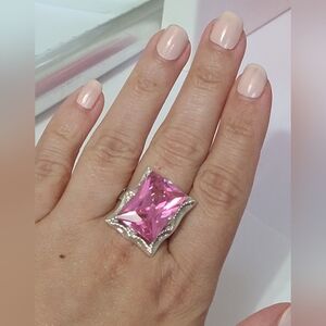 Vintage Boho Mexico Sterling Silver Radiant Square Pink Crystal Cocktail Ring